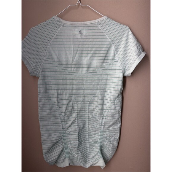 Athleta Fast Track M Top Blue Ruched Short Sleeve Activewear Gripper Hem - Picture 6 of 10